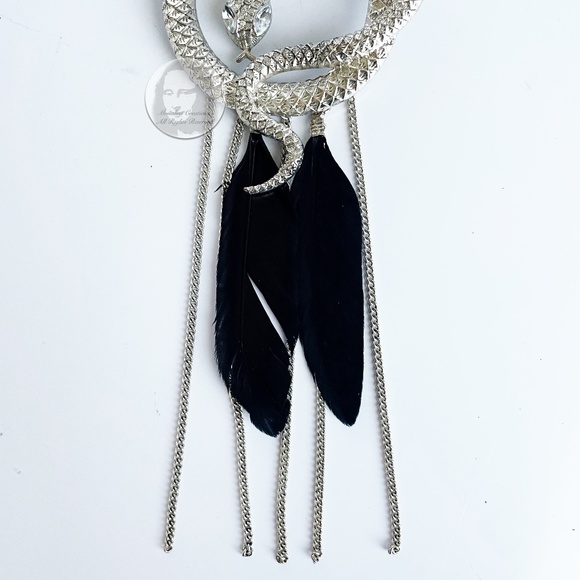 Vintage Snake and Feather 6" Pendant Necklace Silver Metal Serpent Feathers 80s - Picture 7 of 13